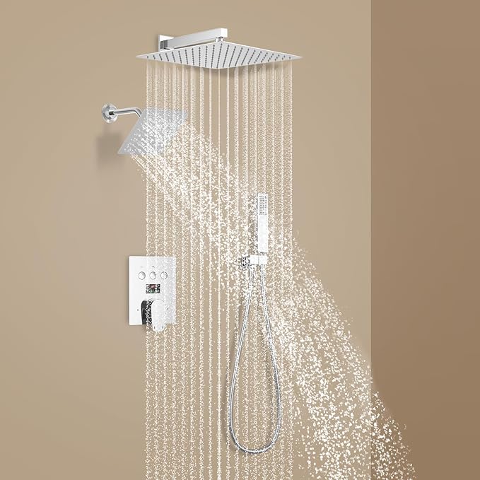 Polished Chrome Shower System Temperature Display Shower Set, Push Button Shower Faucet with 2 Rainfall Shower Head(12+8"), with Handheld Shower