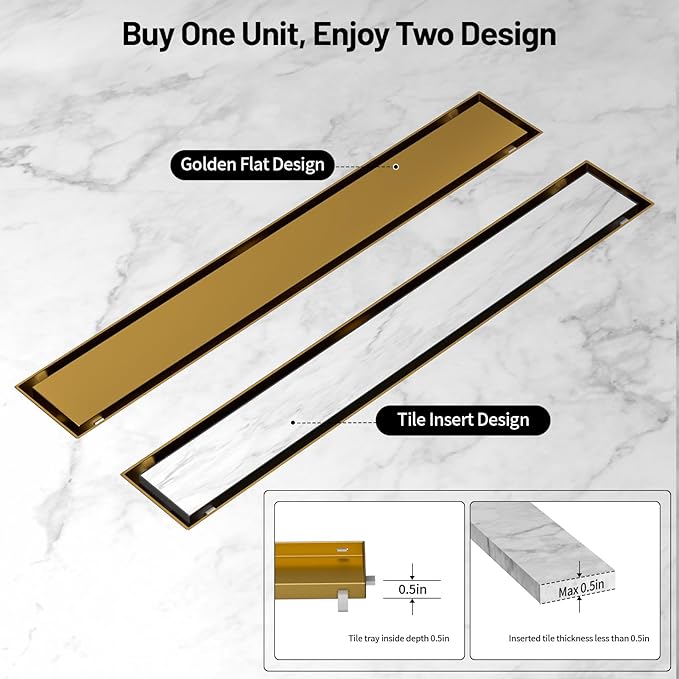 Linear Shower Drain, 304 Stainless Steel with Adjustable Leveling Feet, Hair Strainer,Reversely Install Place to Create an Invisible Floor Drain - Gold -24-Inch