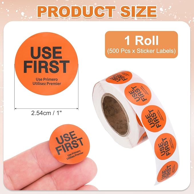 PATIKIL 500 Pcs USE First Stickers, 1 inch Round Use First Stickers Food Service Circle Inventory Control Adhesive Labels for Food Service Kitchen Restaurants Retail Storage Date, Orange