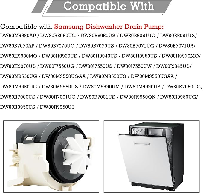 Upgraded Dishwasher Drain Pump Motor, Compatible with Samsung Dishwasher, Replaces Drain Pump Part Number DD31-00016A, AP5917178, PS606350