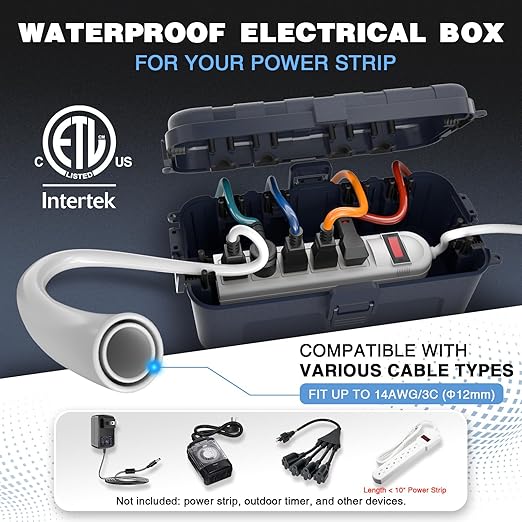 Flemoon [2 Pack] Outdoor Electrical Box Waterproof, Medium Weatherproof Electrical Box (11.5x5.2x4 inch) w/6 Cable Entry Ports, Extension Cord Cover for Power Strip, Timer, Plug, Holiday Light, Gray
