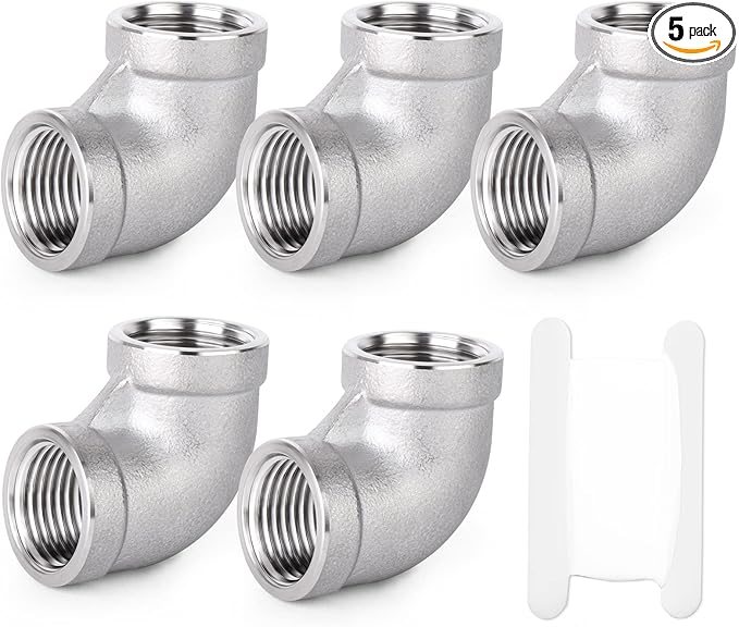 TAISHER 5PCS 304 Stainless Steel 90 Degree Elbow Fittings, 3/8 Inch NPT Female Pipe to 3/8 Inch NPT Female 304 Stainless Pipe Fitting