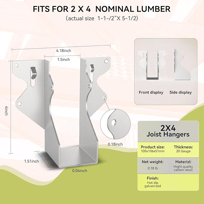 20 pcs 2x4 Joist Hanger,LU24 20 Gauge Galvanizing Face Mount Joist Hangers for Wood,Hurricane Tie for Rafter Fits Truss Connectors,Rafter Hangers 2x4 Great for Floor Deck and Ceiling Joists