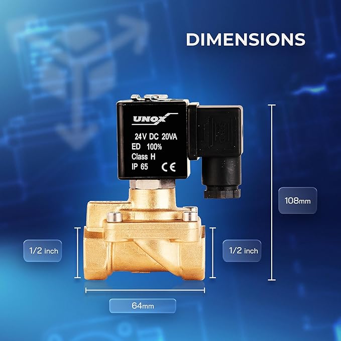 UNOX 1/2" NPT Solenoid Valve 24V DC, Brass Control Valve Normally Closed - 7-232 PSI Multi-Purpose Reliable Control Valve for Water, Air, and Gas - Solenoid Valves