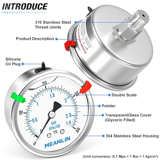 MEANLIN MEASURE 0~40Psi Stainless Steel Liquid Filled Pressure Gauge 2.5" FACE DIAL 1/4" NPT for Pool Sand Filter Water Oil Air Pressure Test Back Mount with Stainless Steel Hex Bushing and Snaps