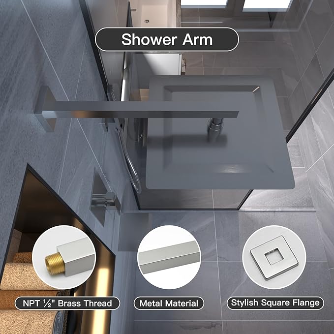 BWE 12 Inch Shower System Brushed Nickel with Waterfall Tub Spout Complete Set Square Luxury Rain Shower Faucet Set Pressure Balancing 3-Function Wall Mount Rough-in Valve Body and Trim Included