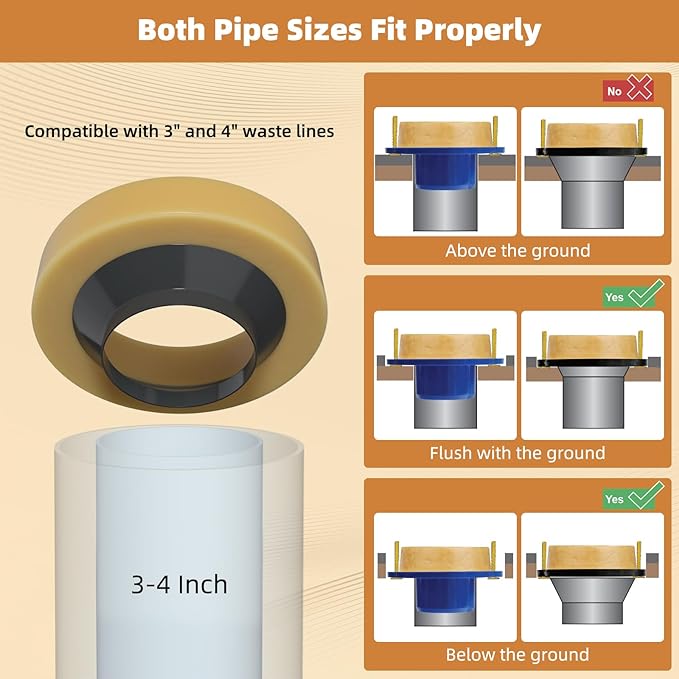 Hibbent 2 Pack Extra Thick Toilet Wax Ring Replacement Kit, Universal Toilet Seal Ring with Brass Bolts and Toilet Bolt Covers, PE Toilet Flange Fits 3 Inch and 4 Inch Drain Pipes