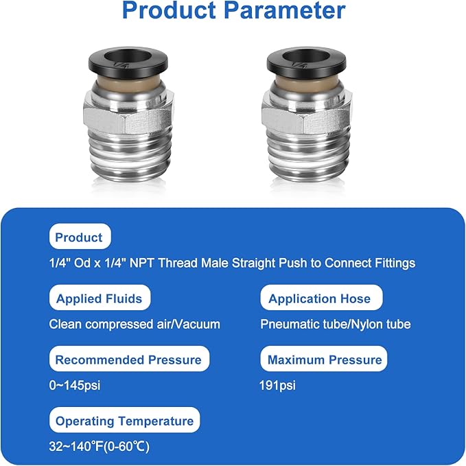 10 Pcs Push-to-Connect Fittings 1/4 Inch Tube OD x 1/4 Inch NPT Thread Pneumatic Male Straight Quick Connect Air line fittings…