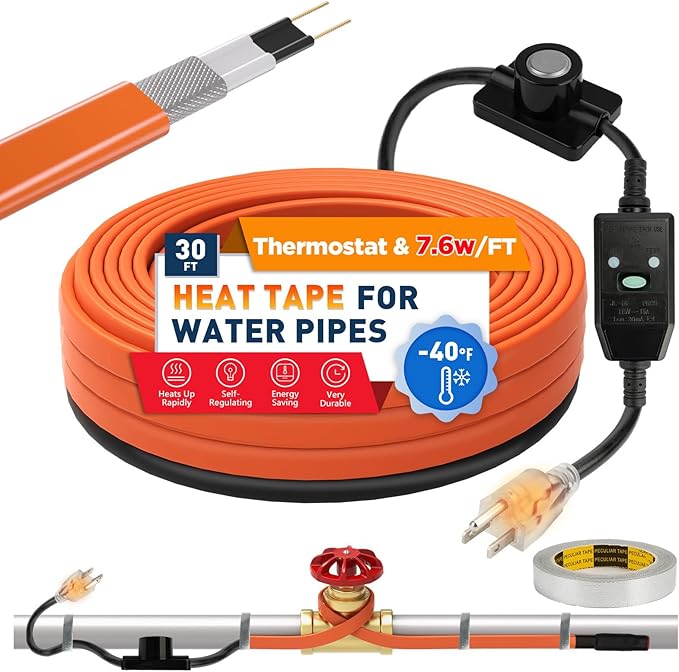 3~100FT Heat Tape for Water Pipes, UL & ETL Certified 30 FT Self-Regulating Pipe Heating Cable with Thermostat for Pipe Freeze Protection, Waterproof Heat Tape for Metal and Plastic Pipes