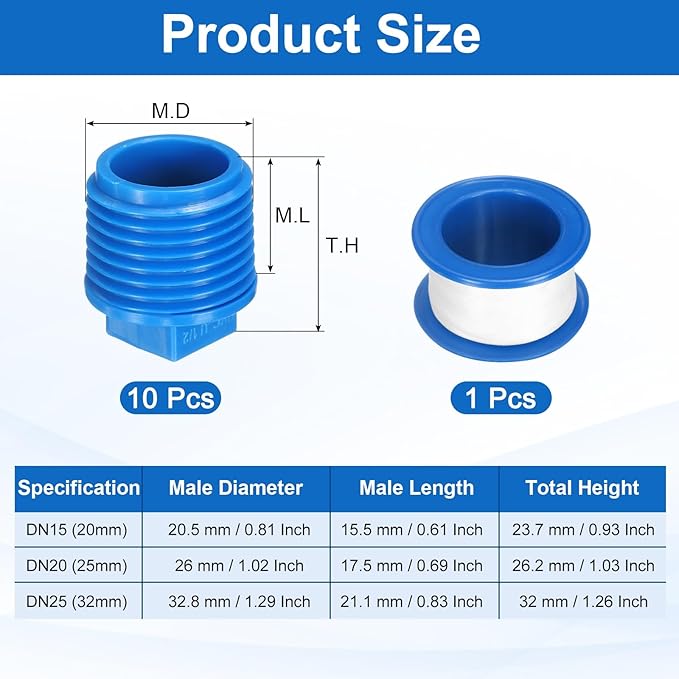 uxcell 10Pcs 1/2 Inch PT Male Thread PVC Pipe Fitting Plug, Cleanout Plugs, Water Drain End Caps Coupling Adapter with Tape for Water Heater Supply Lines, Plumbing, Blue