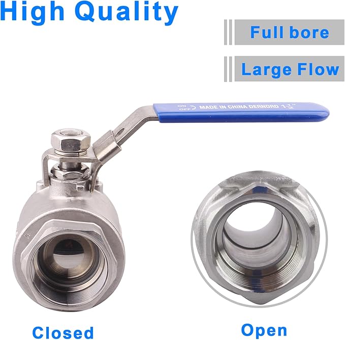 DERNORD 2 Pack Stainless Steel 304 Ball Valve, Full Port Heavy Duty for WOG with Locking Device (1-1/2" NPT)
