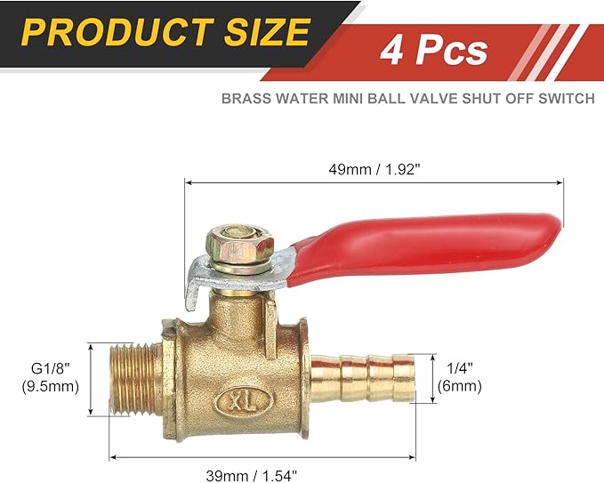 uxcell 4Pcs Brass Water Mini Ball Valve Shut Off Switch, G1/8" Male x 1/4" Hose Barb, 180 Degree Operation Handle, Brass Valve