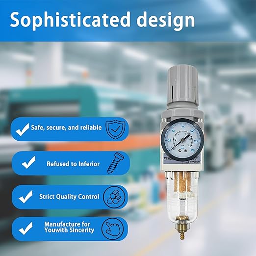 XingNEeng 1/4" NPT Compressed Air Filter Regulator Lubricator Combo, Water/Oil Trap Separator, Gauge(0-150 psi), Semi-Auto Drain, Poly Bowl, 5 Micron Brass Element, Bracket, for Pneumatic Systems