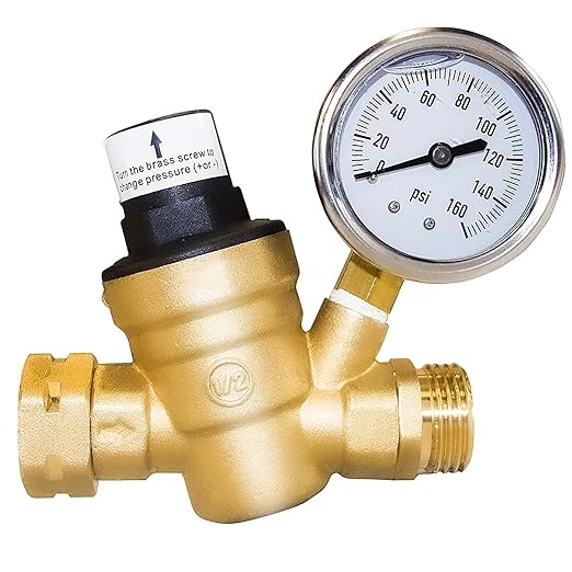 Hourleey Water Pressure Regulator Valve, RV Brass with Gauge and Inlet Screened Filter for Camper Trailer