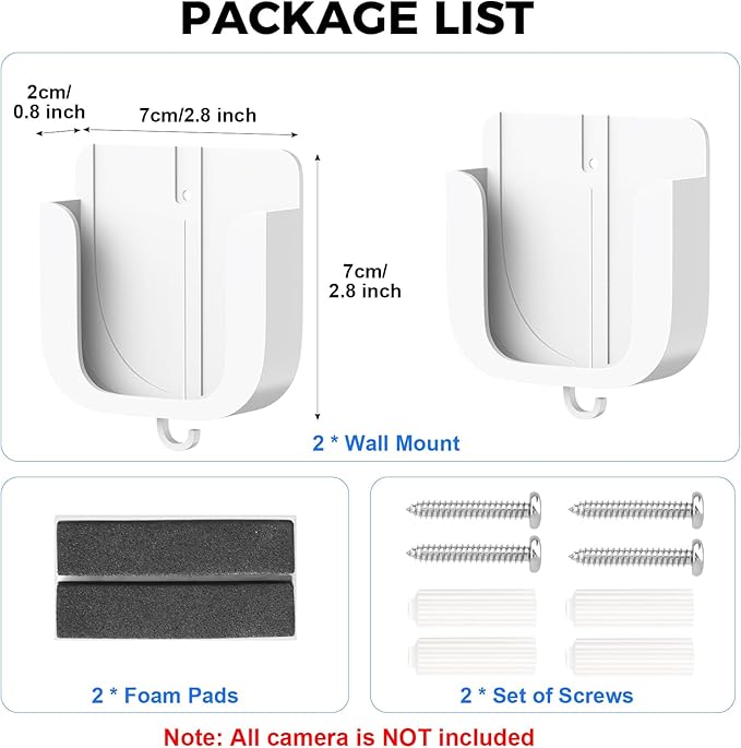 No Drill Wall Mount for Ring Outdoor Cam Plus, Adhesive Indoor Camera Mount with Strong Tape and Screws, Two Ways Easy Installation, 2Pack(White)