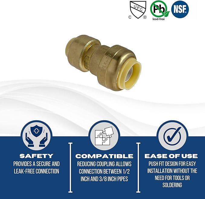 XFITTING Push Fit 1/2 Inch x 3/8 Inch Push Fit Coupling, Push Fit Reducing Coupling, 27-6-8=2XX, 2 Pieces