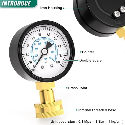 0-100PSI Water Pressure Gauge, 2.5" Dial Size, 3/4" Brass Female Lower Mount, with Sealing Ring, for Tube, Water Pump, Gas, Liquid, Home Water Pressure Tester