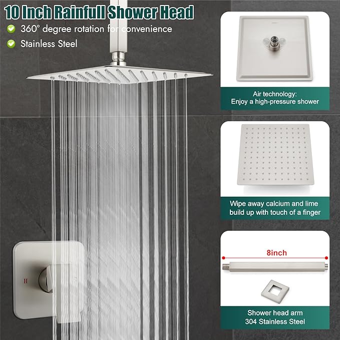 Heyalan Shower Faucet Set Square Stainless Steel Bathroom Rainfall Shower System One Handle Single Function Shower Trim Kit with Rough-in Valve Male Thread,Ceiling Mount,10 Inch,Brushed Nickel