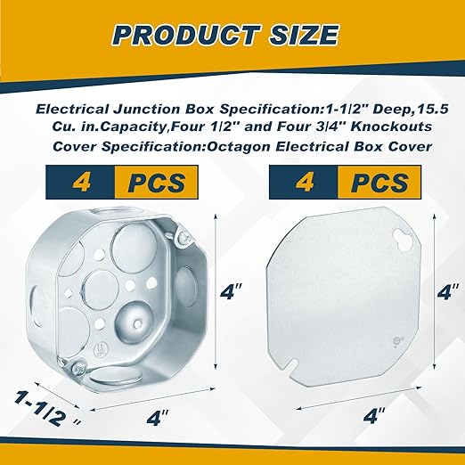 4 Set 4 × 4" Electrical Junction Box with Cover Electrical Metal Outlet Box, 15.5 Cu. in. Capacity Receptacle Exposed Work Cover, 1-1/2'' Deep, Octangle