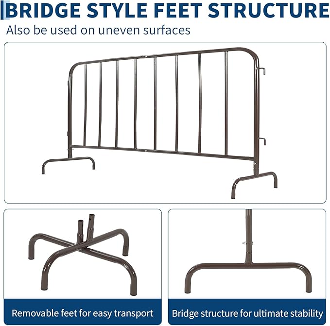 Interlocking Steel Barricade, 5 Ft. Heavy Duty Galvanized Metal Barricade, Interlocking Steel Road Barriers with with Bridge Feet Base, for Crowd Control Event Fencing Indoor/Outdoor, Brown