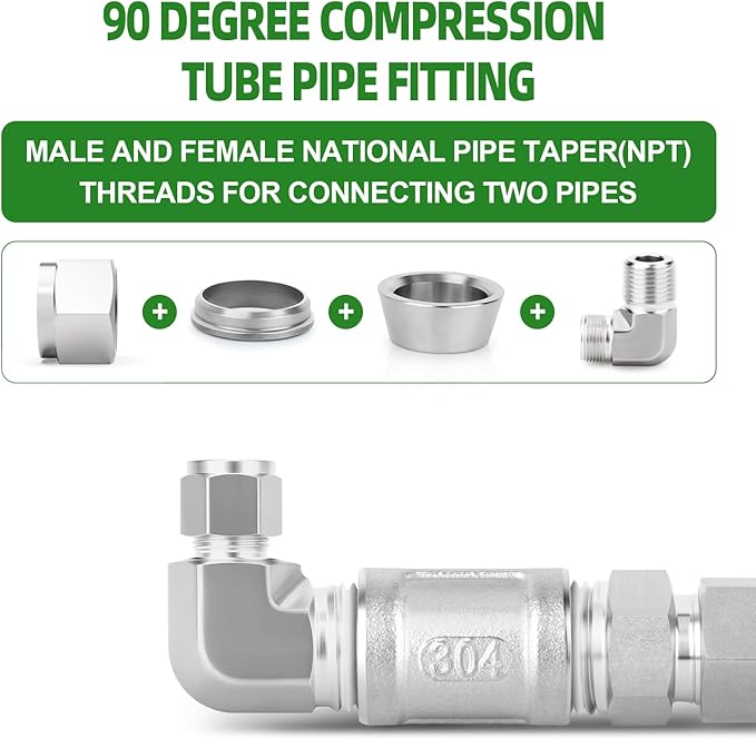 TAISHER 1PCS 316 Stainless Steel 90 Degree Compression Tube Pipe Fitting Connector, 1/2" Tube OD x 3/8" NPT Male Adapter