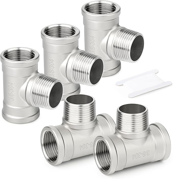 TAISHER 5PCS 304 Stainless Steel Tee Pipe Fittings, 3/8" NPT Female x 3/8" NPT Male x 3/8" NPT Female Pipe Fittings, Male Branch Tee