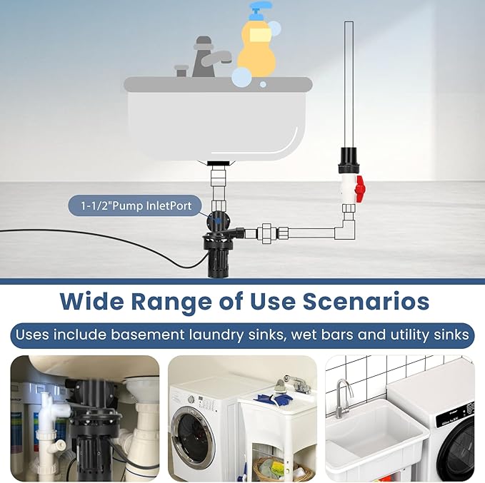 Automatic Utility Sink Pump Installed Directly Under Sink Gravity-free Drainage Heavy-Duty Thermoplastic 115V Includes Drain Screen Check Valve & Ball Valve