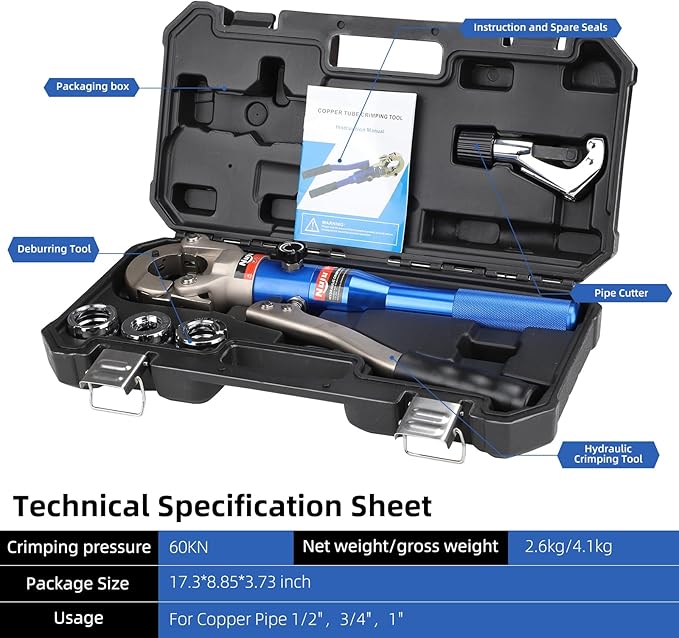 GC-1632 Hydraulic Copper Pipe Crimping Tool Kit, 6 Ton Force with 1/2" 3/4" 1" Dies, Pipe Cutter & Deburring Tool for Plumbing & HVAC