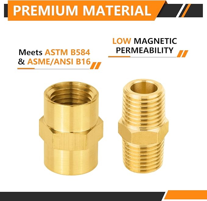 200-PCs HeSun Brass Pipe Fittings Combo, 100-PCs 1/4" NPT Male + 100-PCs 1/4" NPT Female Hex Nipple Adapter