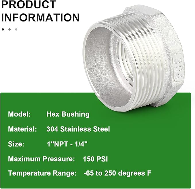 TAISHER 5PCS 304 Stainless Steel Reducer Hex Bushing, 1" NPT Male x 1/4" NPT Female, Reducing Pipe Adapter Fitting