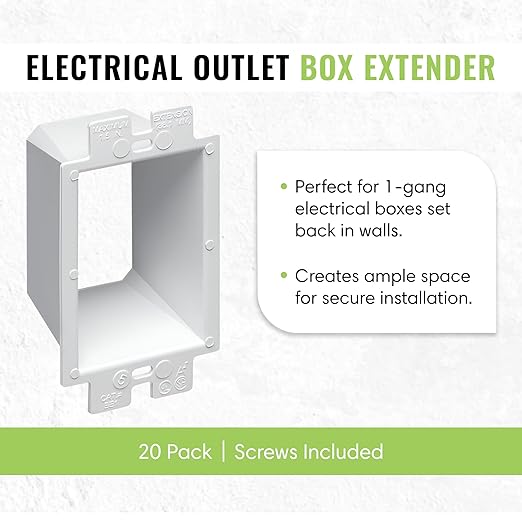 Select 20 Pack Electrical Outlet Box Extender with Included Screws, Plastic Electrical Outlet Extender, Heavy Duty Receptacle Extender, 1-Gang