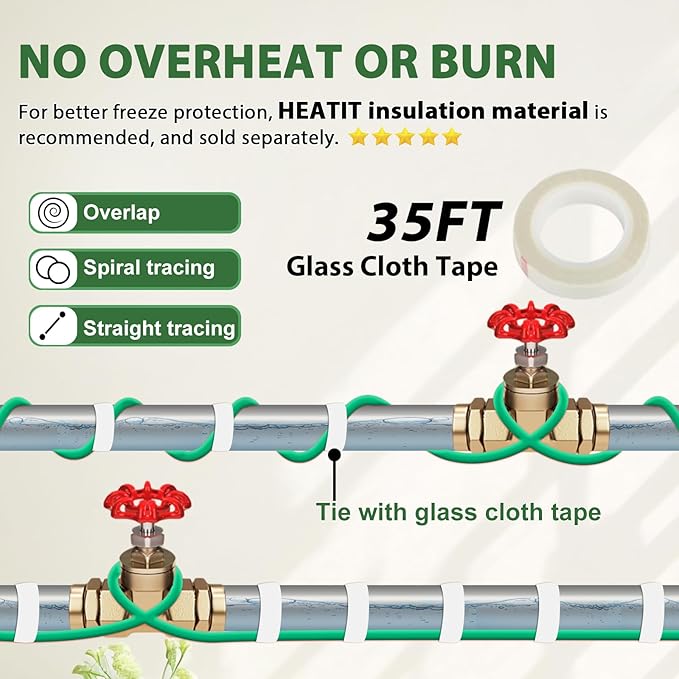 HEATIT Heat Tape for Water Pipe Freeze Protection Self-Regulating Heat Cable for Metal And Plastic Pipes Roof & Gutters De-Icing Heating Trace Tape Anti-Freeze Pipe Heater System 6ft Lighted Plug 7FT