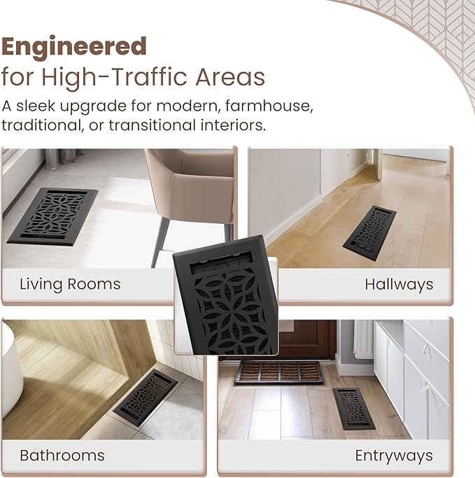 Floor Register 4x10 Vent Cover – 8 Pack – Heavy-Duty Steel, Rustproof & Walkable Grates, Easy Drop-in Install, Adjustable Air Supply Switch - Decorative Floral Design, Textured Black