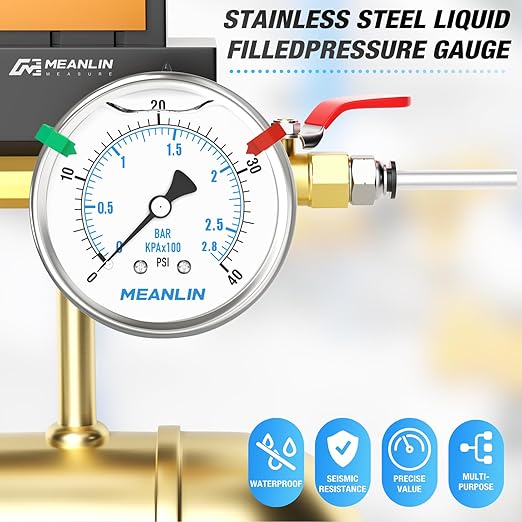 MEANLIN MEASURE 0~40Psi Liquid Filled Pressure Gauge Stainless Steel 2.5" FACE DIAL 1/4" NPT 316 Stainless Steel Joint for Pool Sand Filter Water Oil Air Pressure Test Back Mount, with 2PCS Snaps