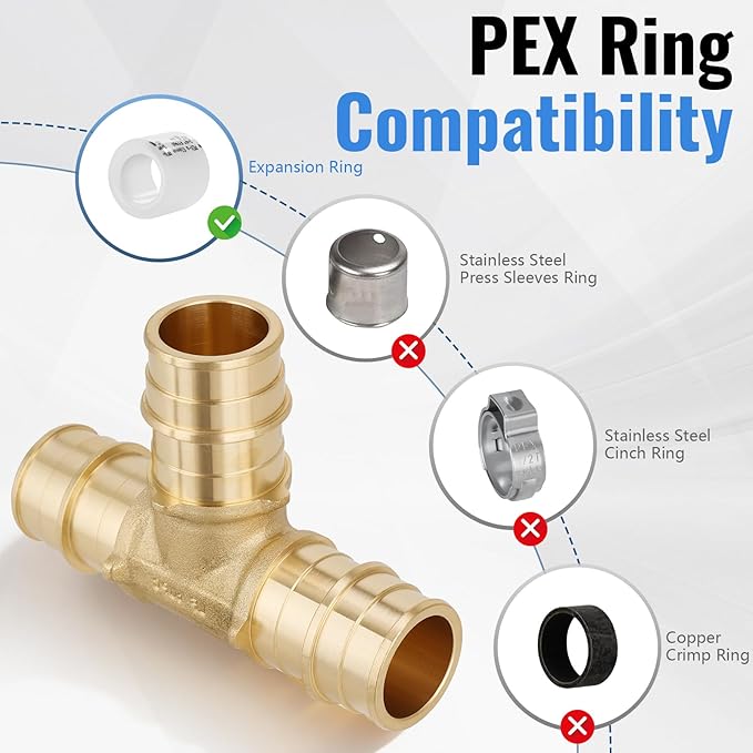(5-Pack YVSKM) 3/4" PEX-A Tee Expansion Fitting, Lead-Free Brass Full Flow Connector, ASTM F1960 & cUPC Certified for Residential Hot & Cold Water and Radiant Heating Systems