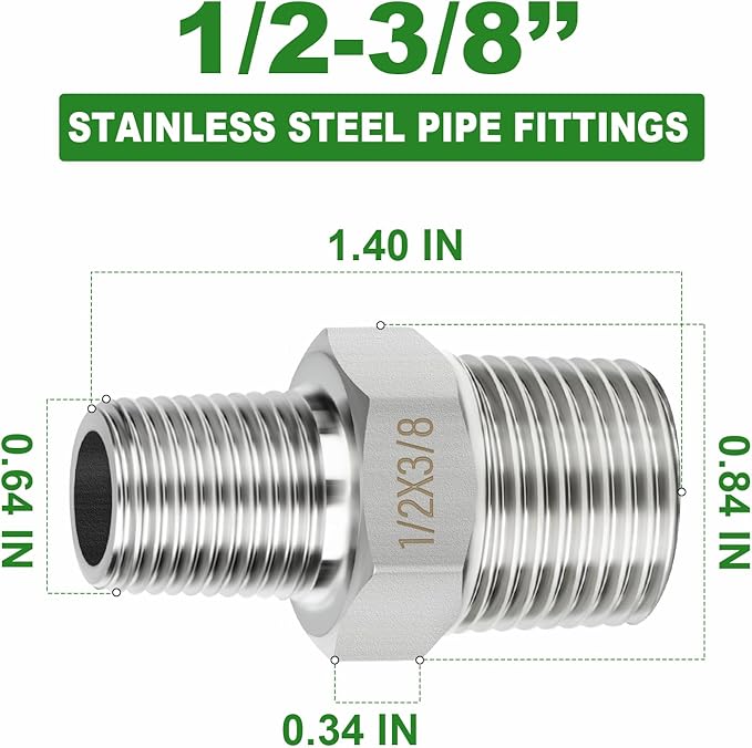 TAISHER 5PCS 304 Stainless Steel New Hex Nipple, 1/2" NPT Male x 3/8" NPT Male, Reducing Pipe Adapter Fitting