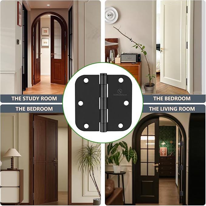 Door Hinge 3 1/2 Inch Interior Door Hinges Matte Black 3.5 Inch Interior Hinges Flat Iron Hinge 3 ½"x 3 ½" Door Hardware 5/8" Radius - 12 Pieces