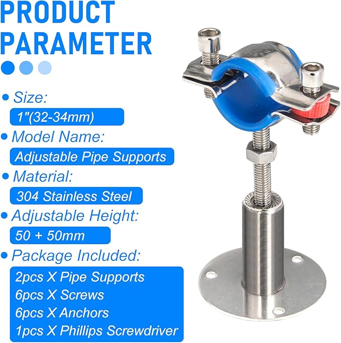 Kodilin 2PCS 304 Stainless Steel Wall Mount Ceiling Mount Pipe Supports,Suitable for OD Pipe 1"(32-34mm),Adjustable Height 50-100mm,Adjustable Pipe Strap Clamp with Screws