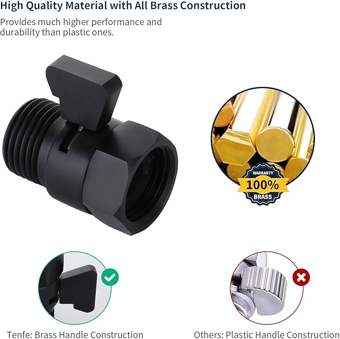 Tenfe Water Flow Control Valve, Brass Shut Off Valve Adjust Water Volume Regulator for Hand Held Shower Head & Bidet Sprayer, Matte Black Water Saver G1/2 Standard Connection