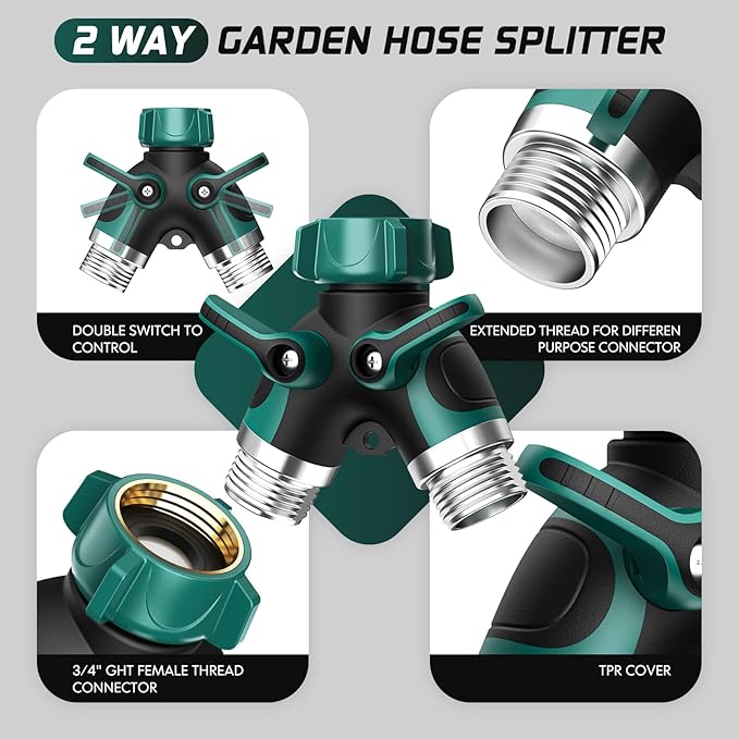 2 Way Garden Hose Splitter with Shut Off Valve,Water Spigot Splitter for 3/4" Hose Connector,Heavy Duty Metal Outdoor Faucet Splitter Y Connector for Hose,with 3 Leakproof Washers & 1 tape(2, Green)