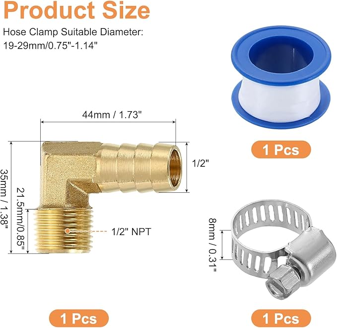 uxcell Brass Hose Barb Fitting, 1/2" x 1/2" NPT 90 Degree Elbow Hose Connector with Hose Clamps for Water Fuel Gas Oil Transportation