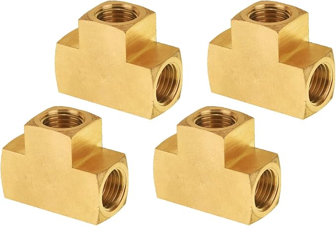 SUNGATOR 1/4'' Barstock Tee Fittings, 1/4" Inch NPT Female Brass Pipe Fittings, 1/4'' NPT Female Brass Barstock Tee Fittings for Air Compressor, Gas Line (4-Pack)