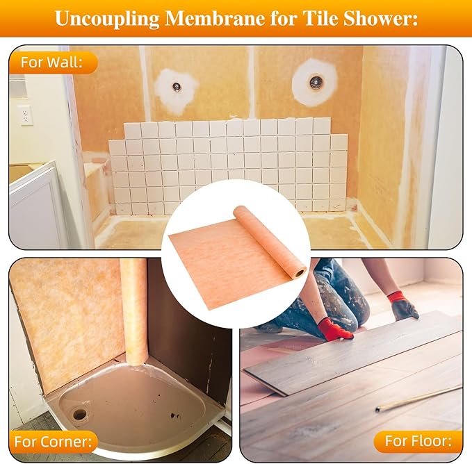 3.8 ftx57 ft Waterproof Membrane for Shower,Waterproofing Shower Membrane for Sauna Bathroom Kitchen Wall Tile Floor Underlayment,Tile Underlayment Seam Tape Uncoupling Band,23.6 Mils Thick,216 Sq Ft