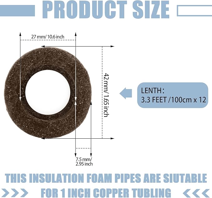 Amylove 12 Pcs 3.3 Feet Foam Pipe Insulation Foam Tube Insulating Water Pipe Pool Swim Noodles Pre Slit Heat Preservation Pipes Covers for Tubing Outdoor Winter Freeze Protection(Brown,1 Inch)