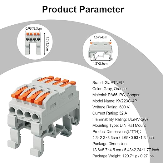 5Pcs DIN Terminal Blocks, 4 Conductor Compact Wire Conductor Splicing Connectors, KV223 Lever Wire Connectors for AWG 28-12, 600V 32A