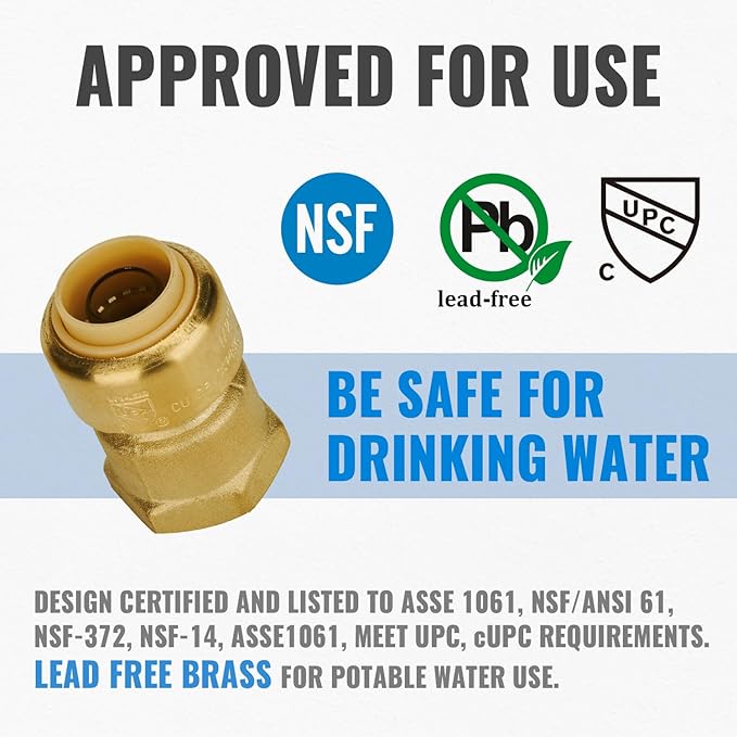 SUNGATOR 6-Pack Female Adapter, 1/2-Inch by 1/2-Inch Straight Connector Plumbing Fitting, Push Fit PEX Fittings with Disconnect Clip, Push-to-Connect Copper, CPVC, No Lead Brass Pipe Fittings