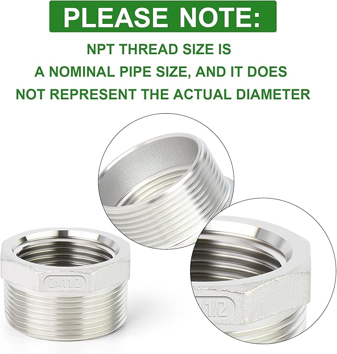 TAISHER 2PCS 304 Stainless Steel Reducer Hex Bushing, 2" NPT Male x 1-1/2" NPT Female, Reducing Pipe Adapter Fitting