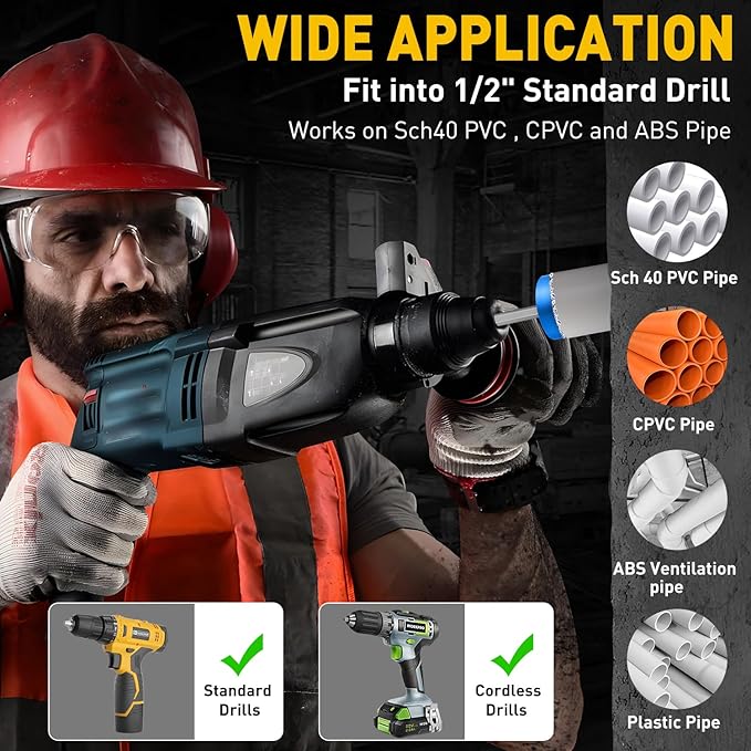 7Pcs PVC Pipe Reamer Kit With 3/4inch, 1inch, 1-1/4inch,1-1/2inch, 2inch, 3inch, 4inch Head Aluminum, PVC Fitting Saver, PVC Socket Saver For SCH40 PVC, ABS PVC Pipe, CPVC, Fit for Standard 1/2" Drill