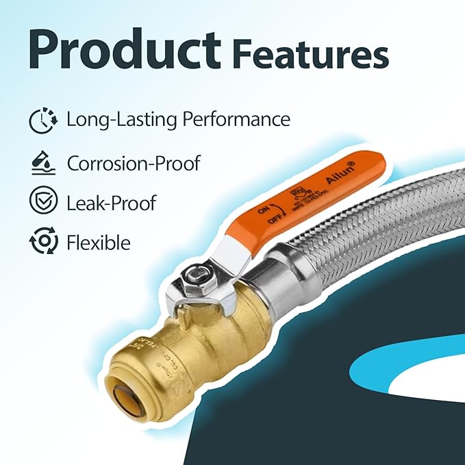 (30 Pack) Seelink 15-Inch Stainless Steel Flexible Heater Hose, 3/4 Inch Push-fit Ball Valve x 3/4 Inch FIP, Push-to-Connect for Copper, PEX, and CPVC