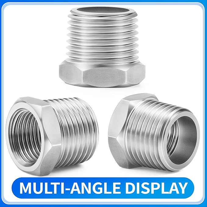 ChillWaves 304 Stainless Steel Pipe Fitting, Reducer Hex Bushing 1/2" NPT Male x 3/8" NPT Female Thread Adapter(6-PACK)